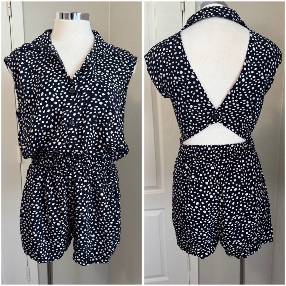 Polka Dot Romper Open‎ Back Sleeveless Casual Jumpsuit Size L